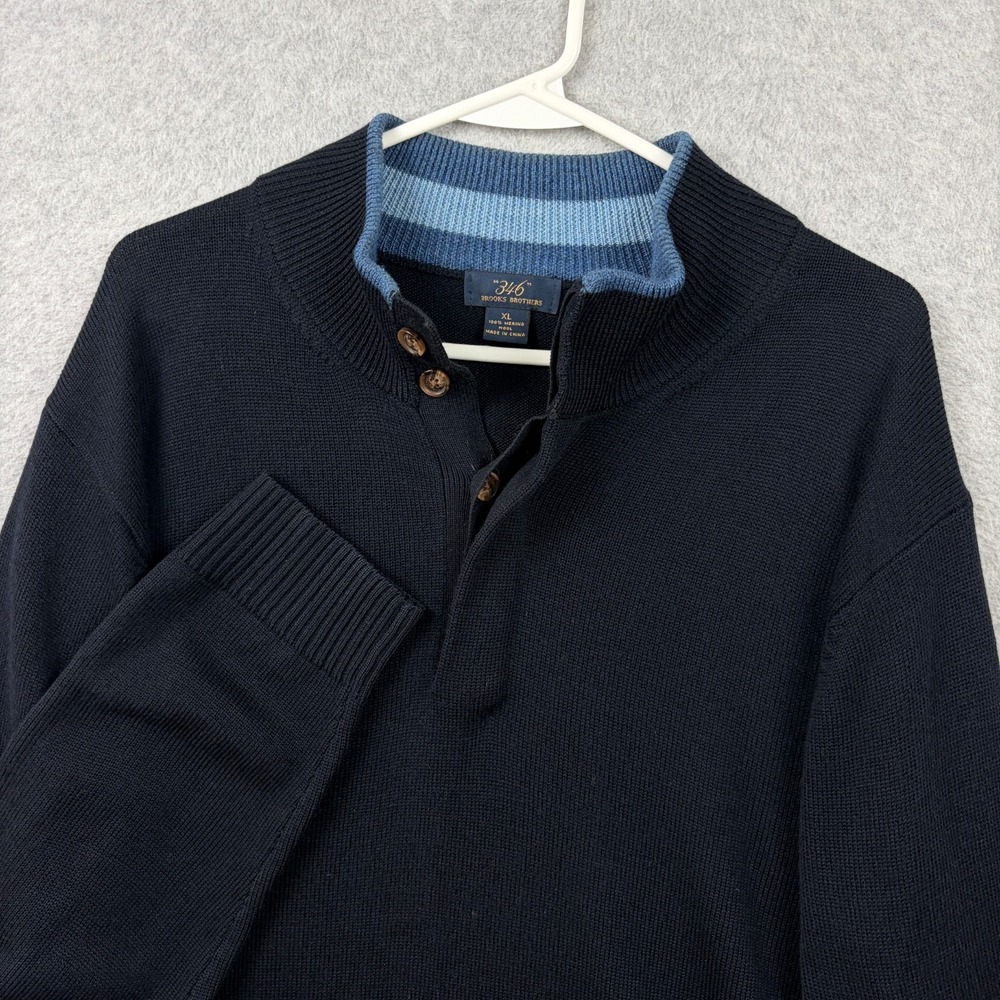 Brooks Brothers Sweater Mens XL Navy Blue Merino Wool Henley 1/4 Button Pullover